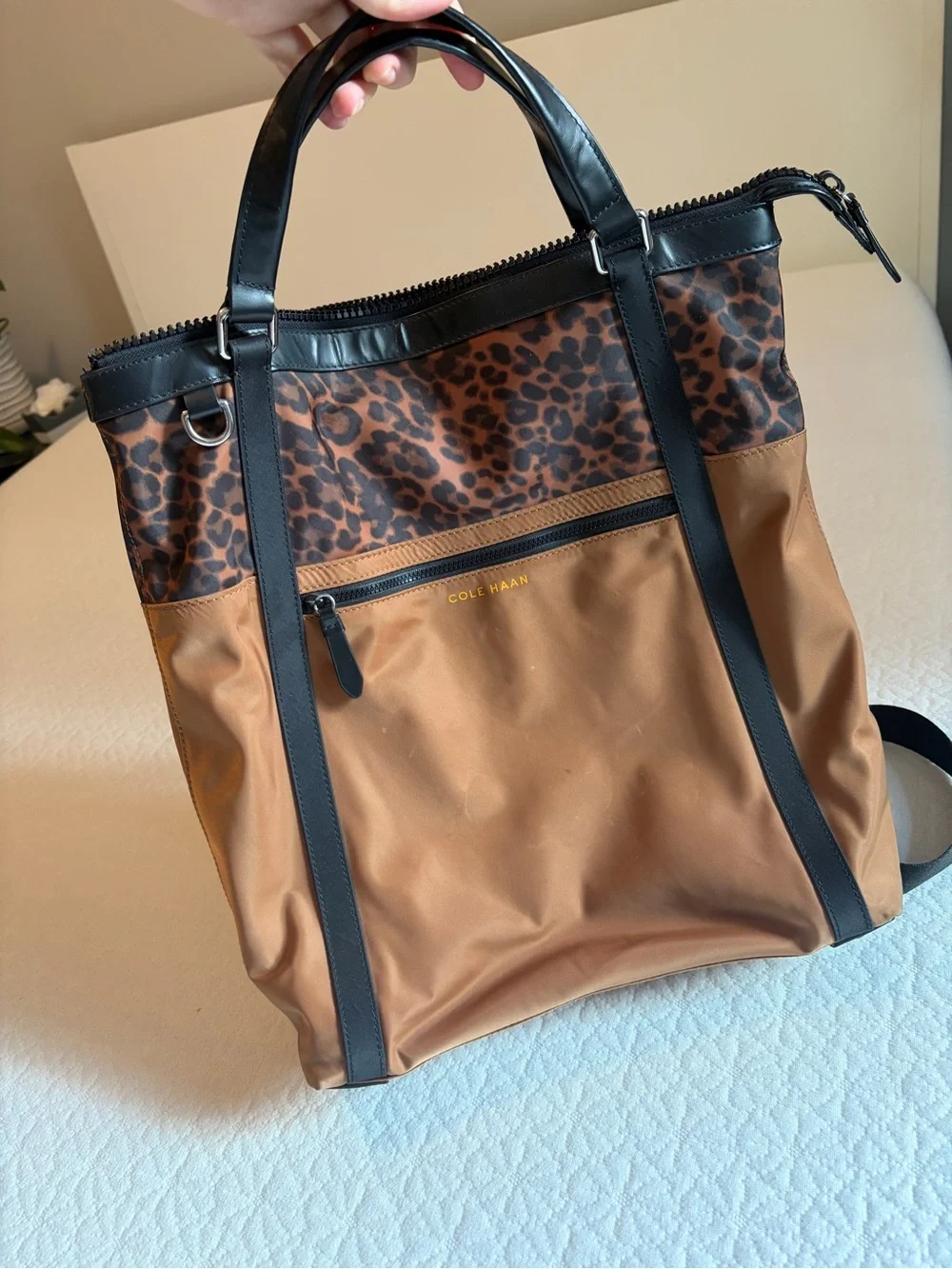 Cole Haan Brown Tote Backpack with Leopard Accent and Black Trim